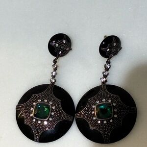 Miriam Salat Black and Silver Earrings with Green Gem
